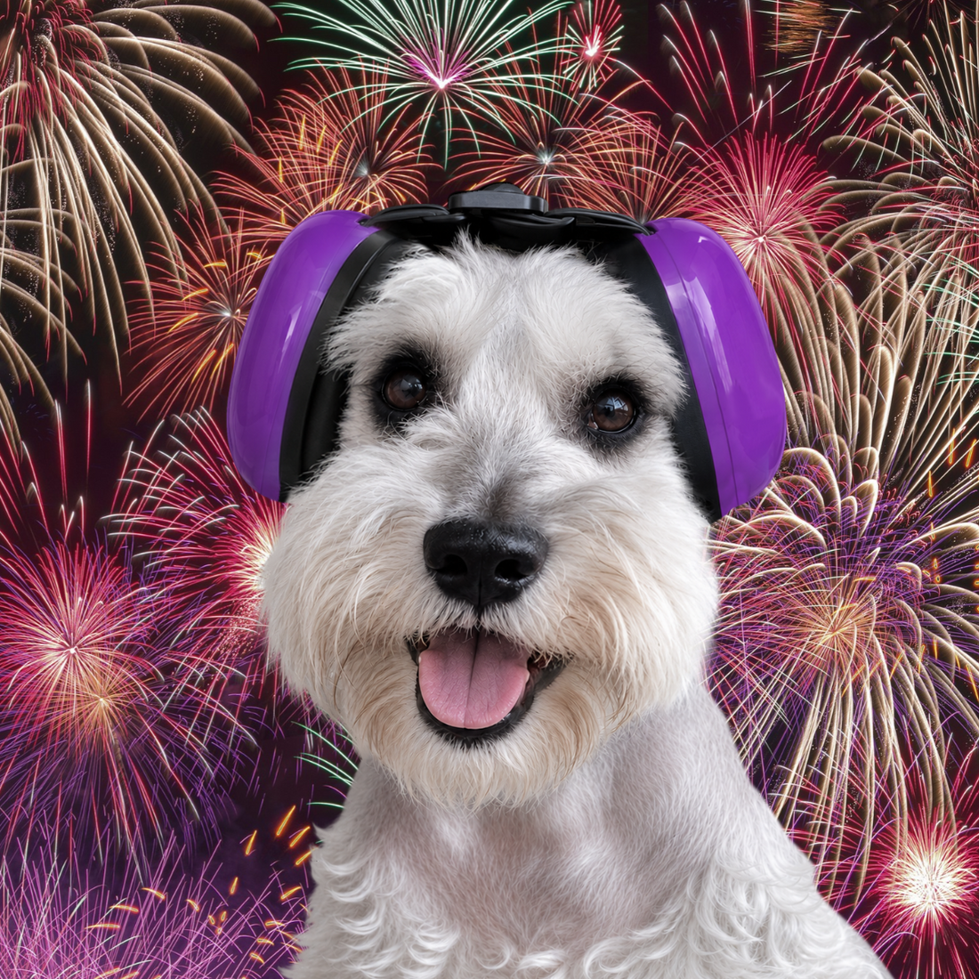 perrito sonriendo porque no escucha la pirotecnia
